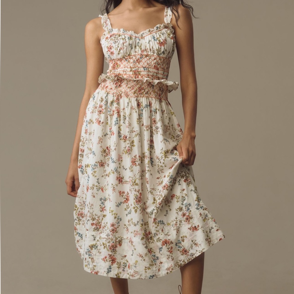 Anthropologie Sleeveless Smocked-Waist Ruffled Midi Dress